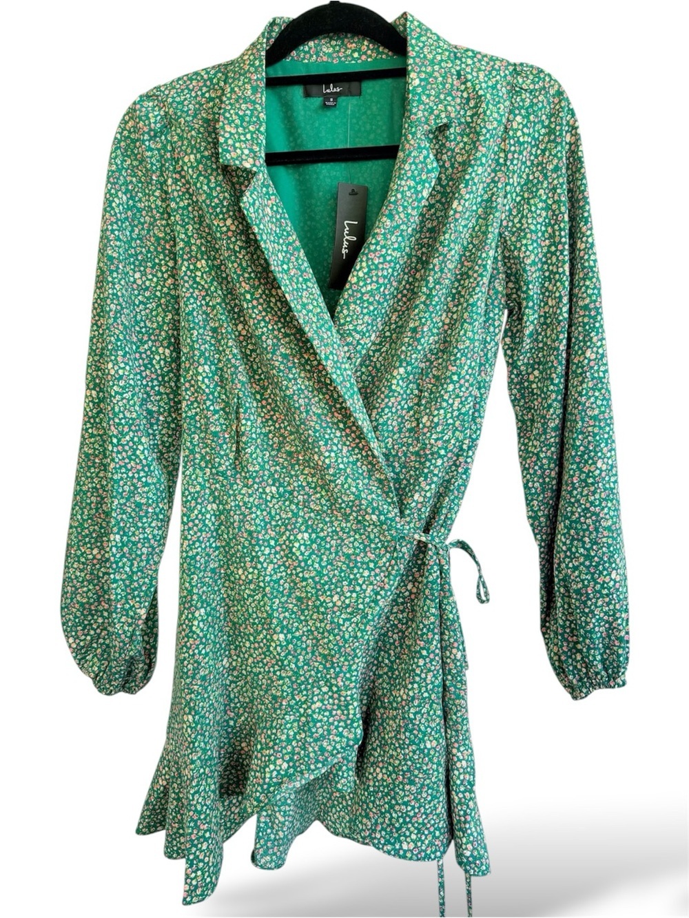 Lulus Totally Cute Time Green Floral Wrap Mini Dress NWT Small Ruffle Hem - Picture 3 of 10